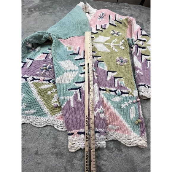 Vintage Fashion Options Sweater Women Large Pastel Geometric Knit Lace Trim Cott - Picture 6 of 13